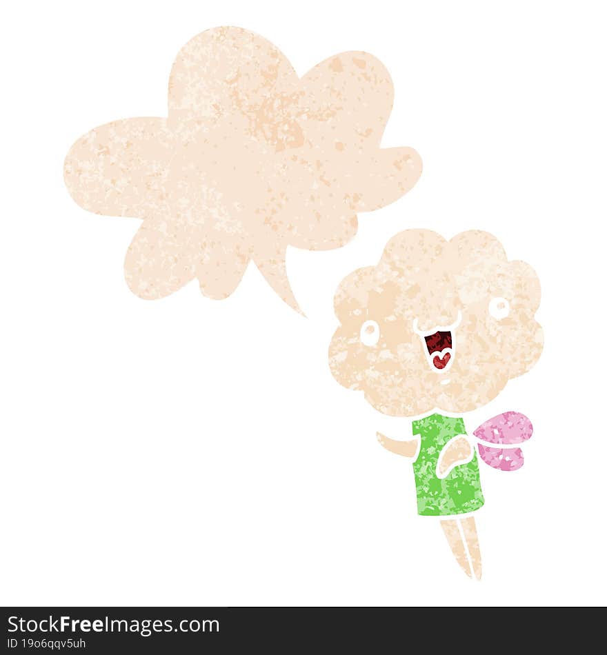 cute cartoon cloud head creature and speech bubble in retro textured style