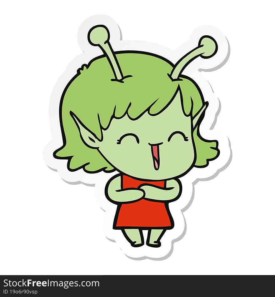 sticker of a cartoon happy alien girl