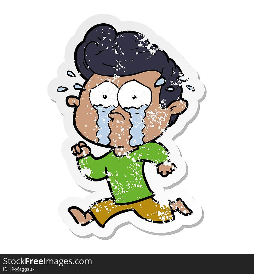 distressed sticker of a cartoon crying man running