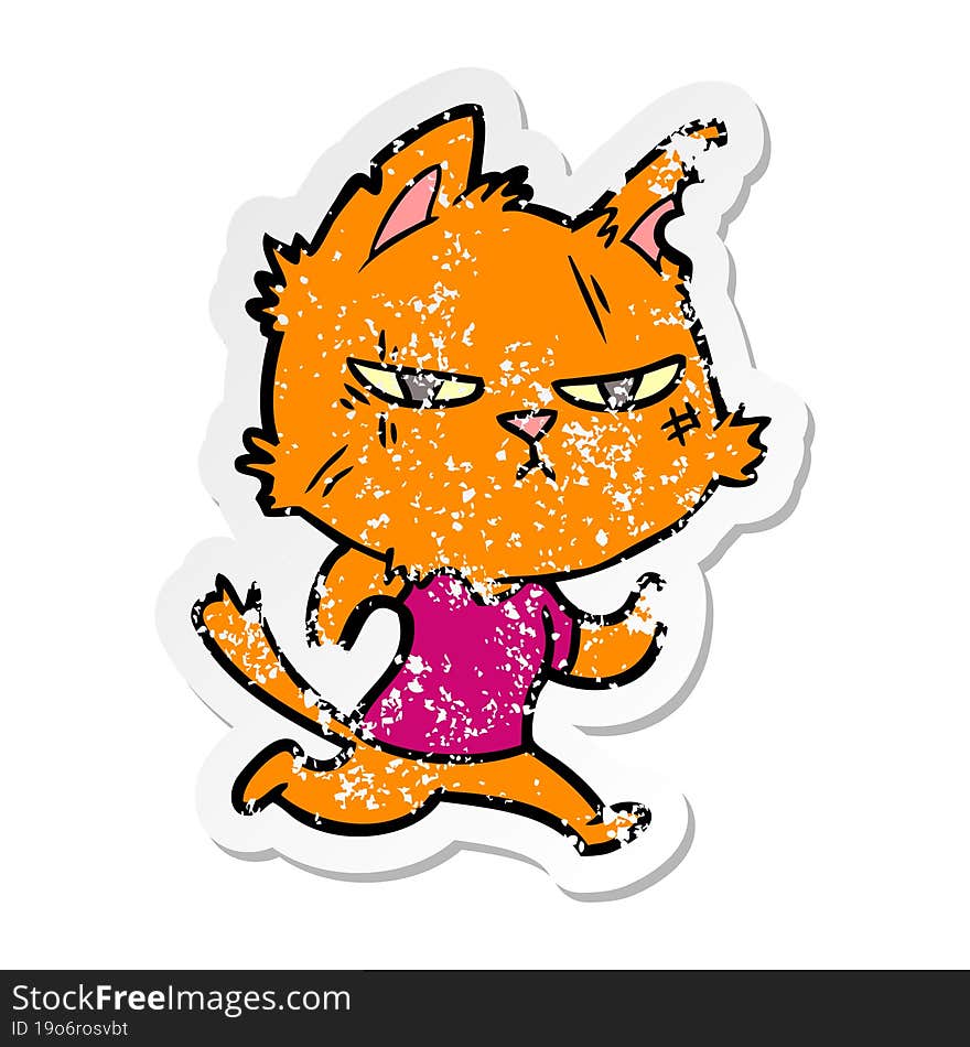 distressed sticker of a tough cartoon cat running