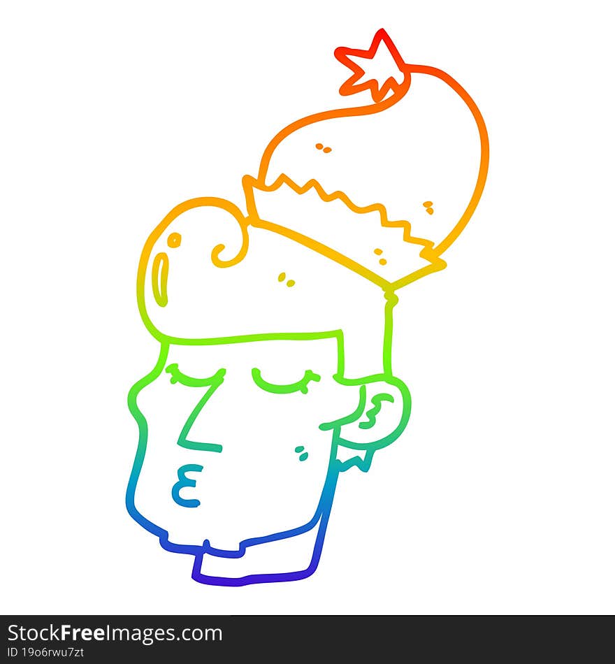 Rainbow Gradient Line Drawing Cartoon Man Wearing Christmas Hat