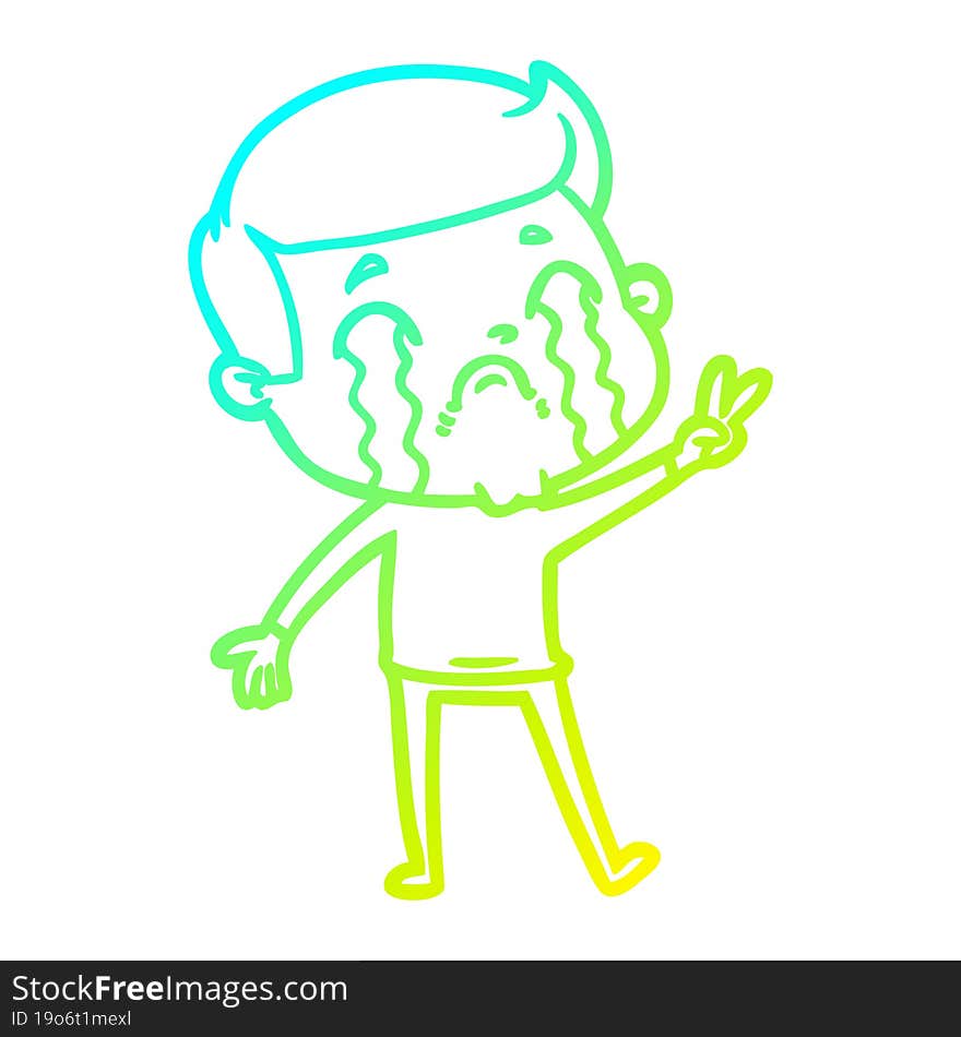 cold gradient line drawing of a cartoon man crying