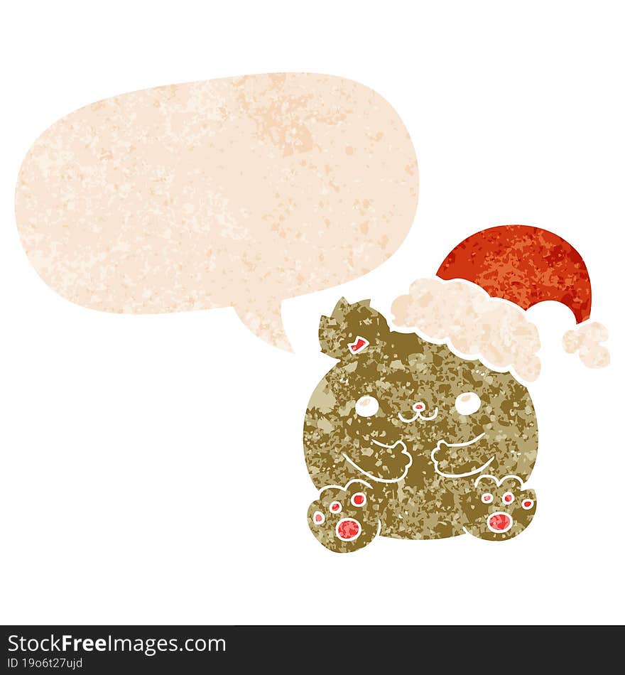 cute cartoon christmas bear and speech bubble in retro textured style