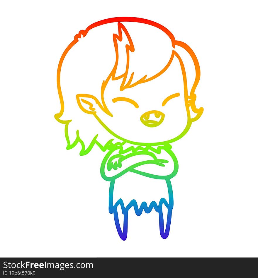 rainbow gradient line drawing of a cartoon laughing vampire girl