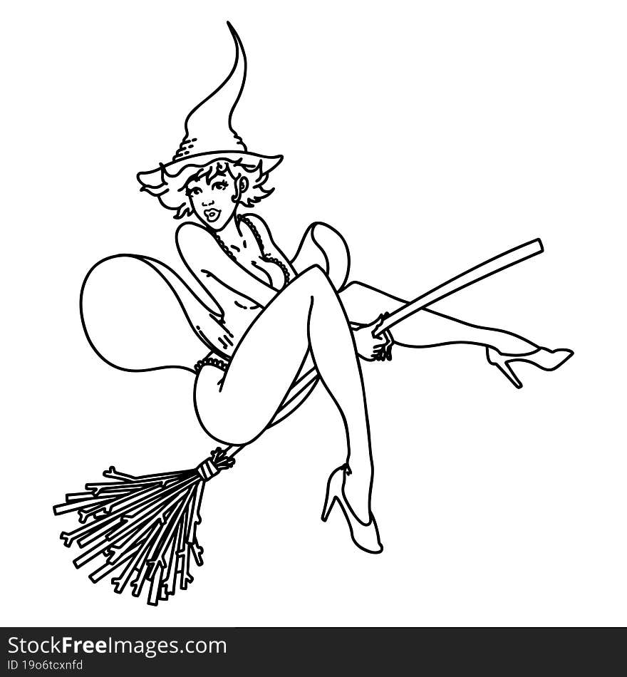 tattoo in black line style of a pinup witch. tattoo in black line style of a pinup witch