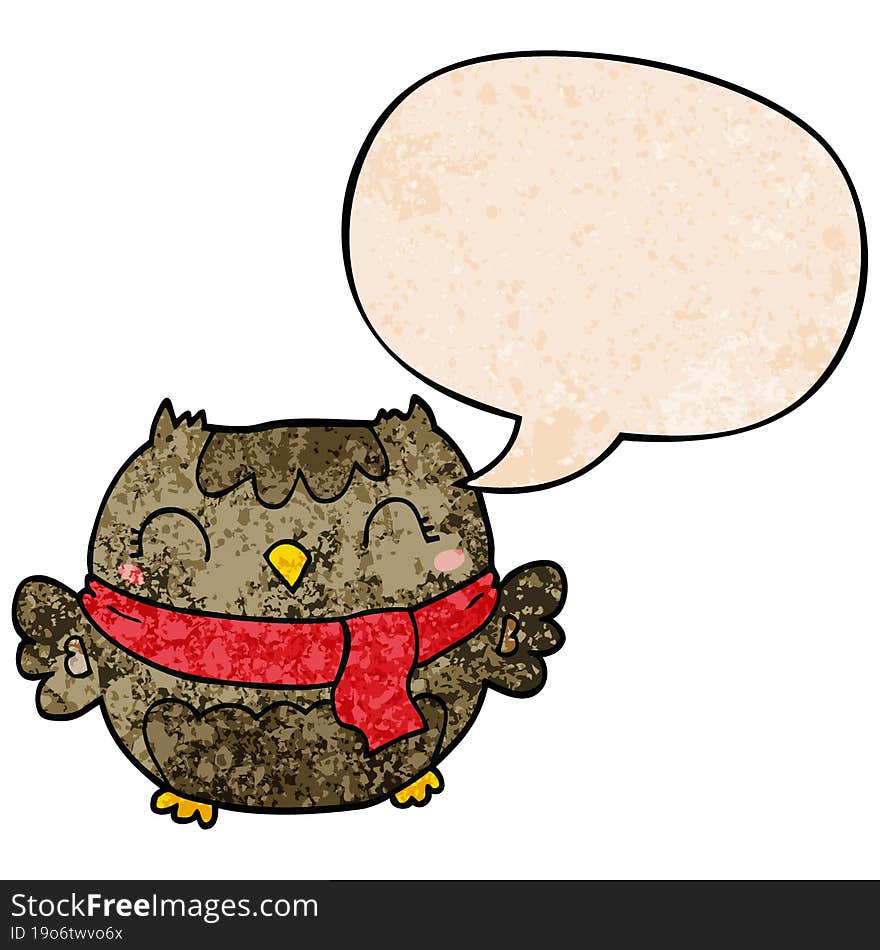 cute cartoon owl and speech bubble in retro texture style