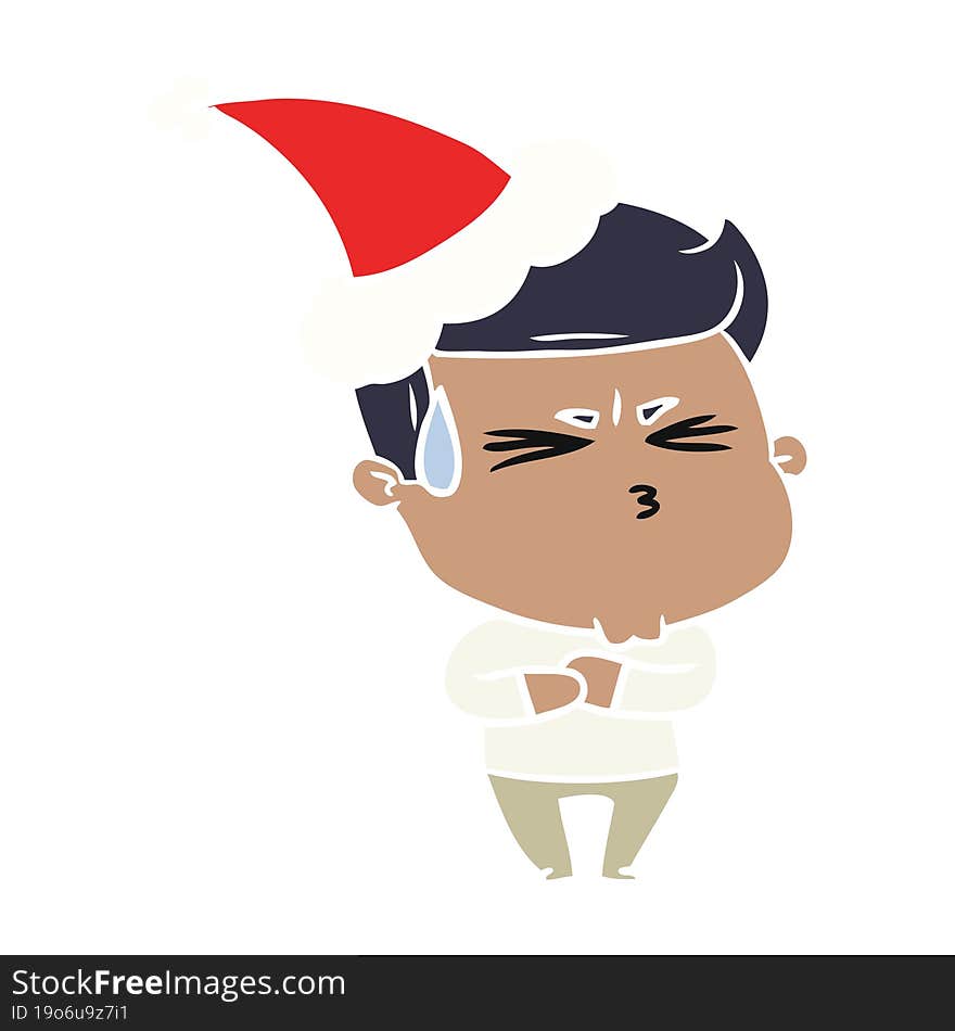 flat color illustration of a frustrated man wearing santa hat