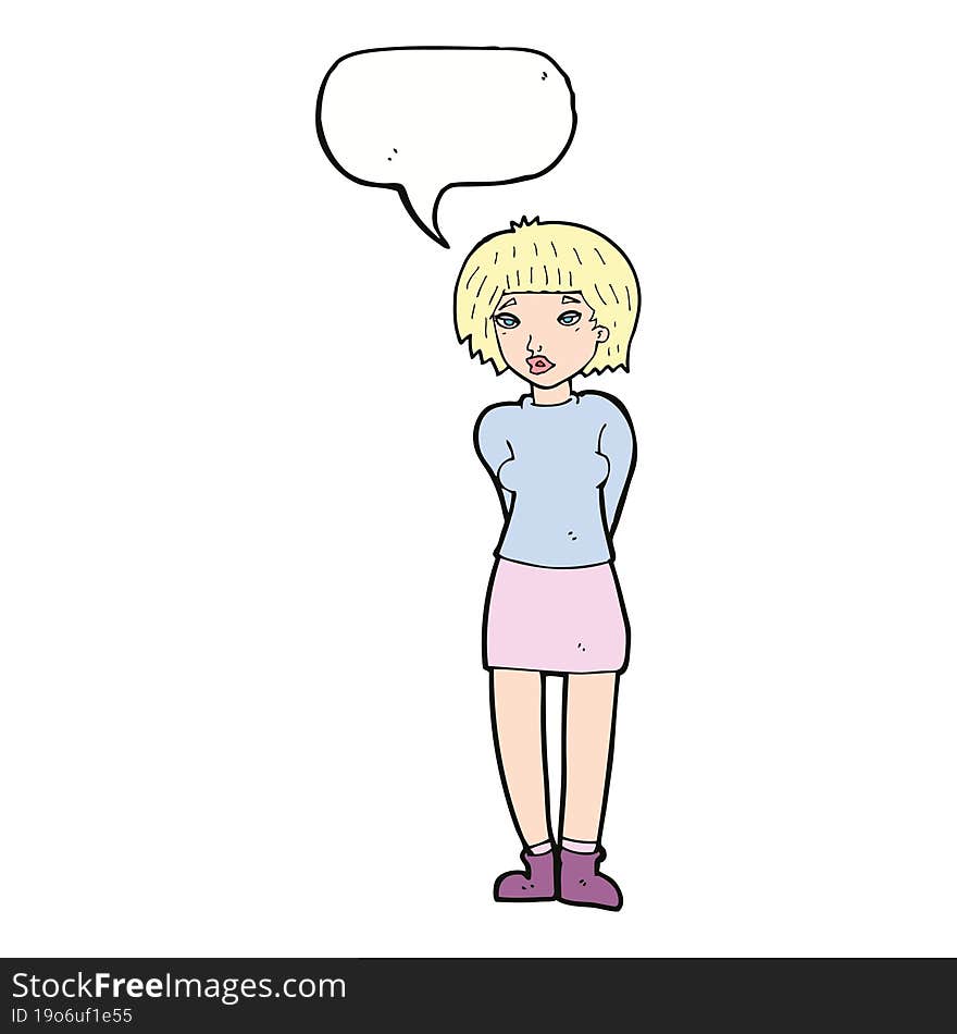 cartoon shy woman with speech bubble