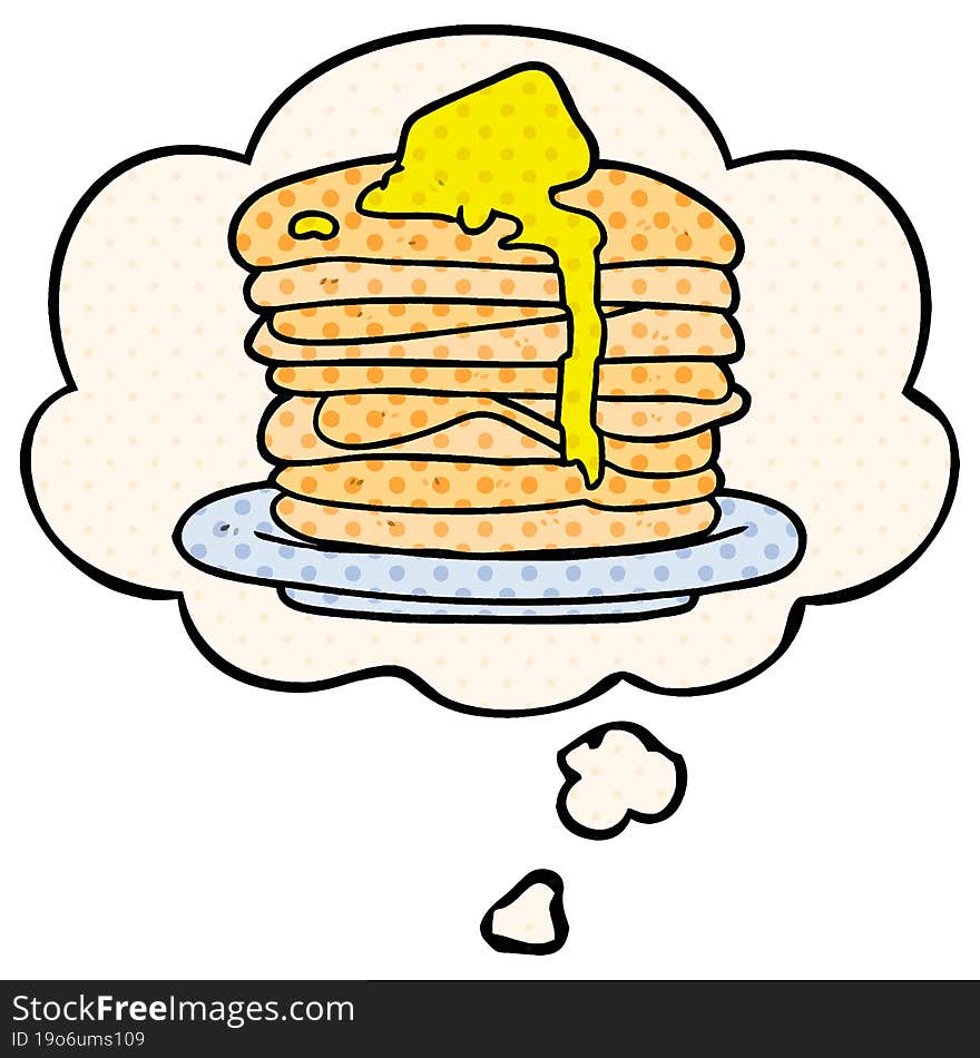 cartoon stack of pancakes and thought bubble in comic book style