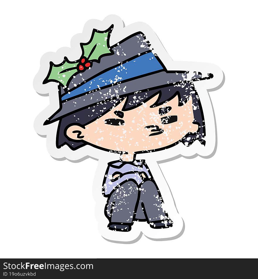 christmas distressed sticker cartoon of kawaii boy