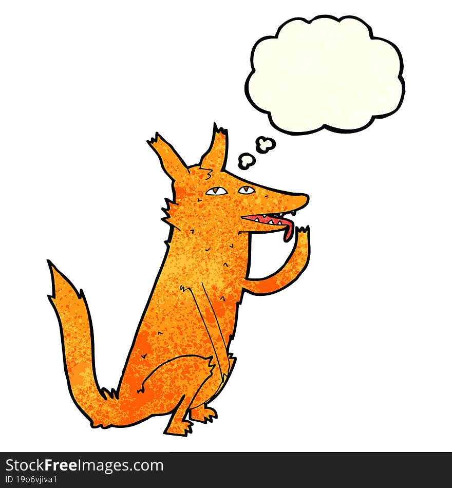 cartoon fox licking paw with thought bubble