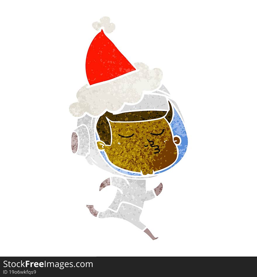 retro cartoon of a confident astronaut wearing santa hat