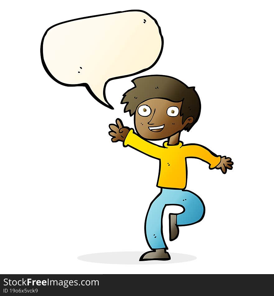 Cartoon Excited Boy Dancing With Speech Bubble