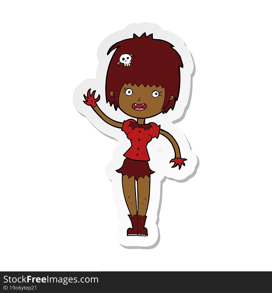 sticker of a cartoon waving vampire girl