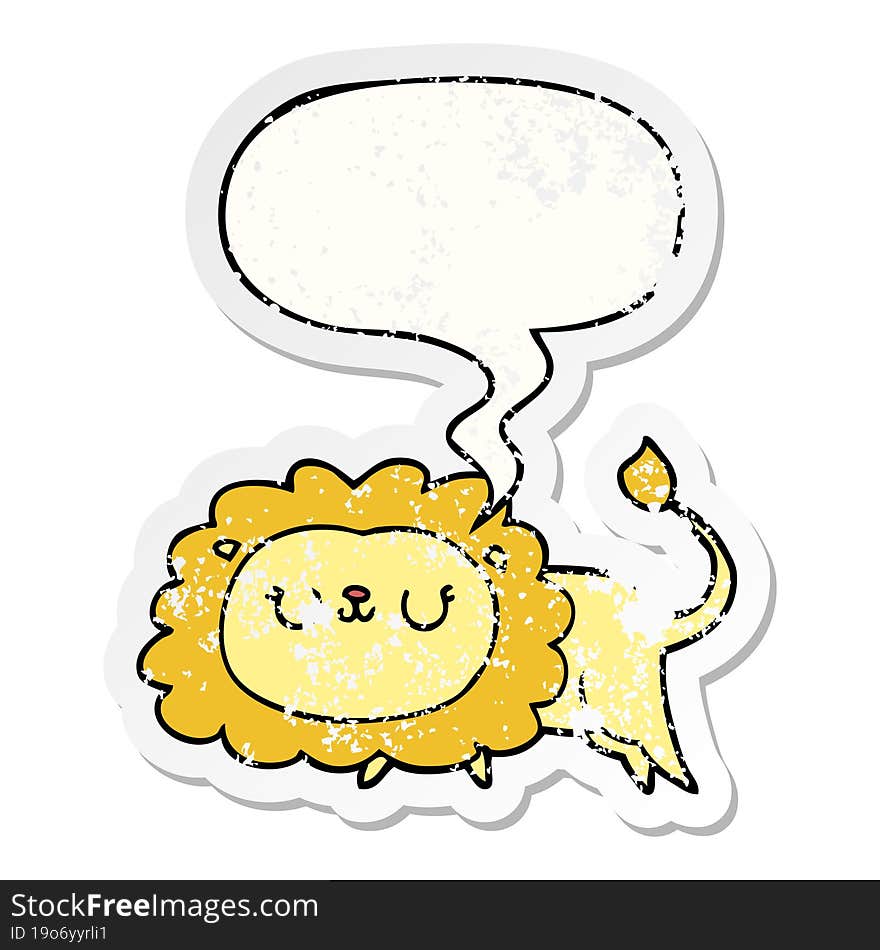 cartoon lion with speech bubble distressed distressed old sticker. cartoon lion with speech bubble distressed distressed old sticker