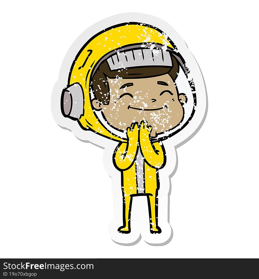 distressed sticker of a happy cartoon astronaut