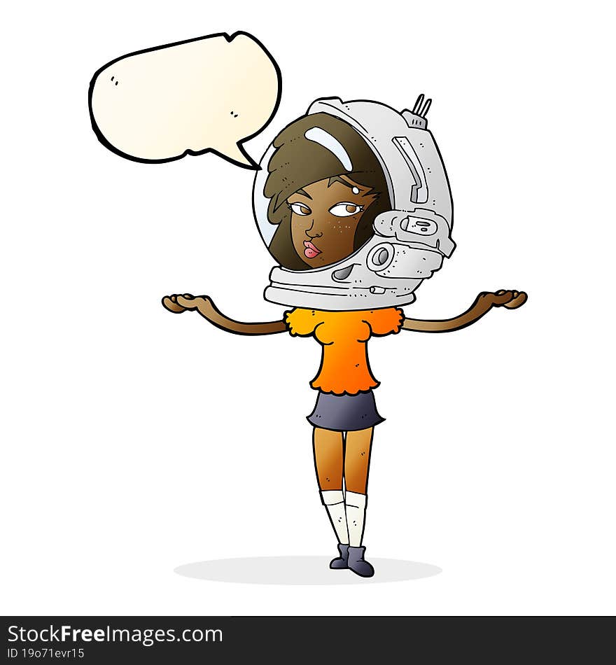 cartoon woman wearing space helmet with speech bubble