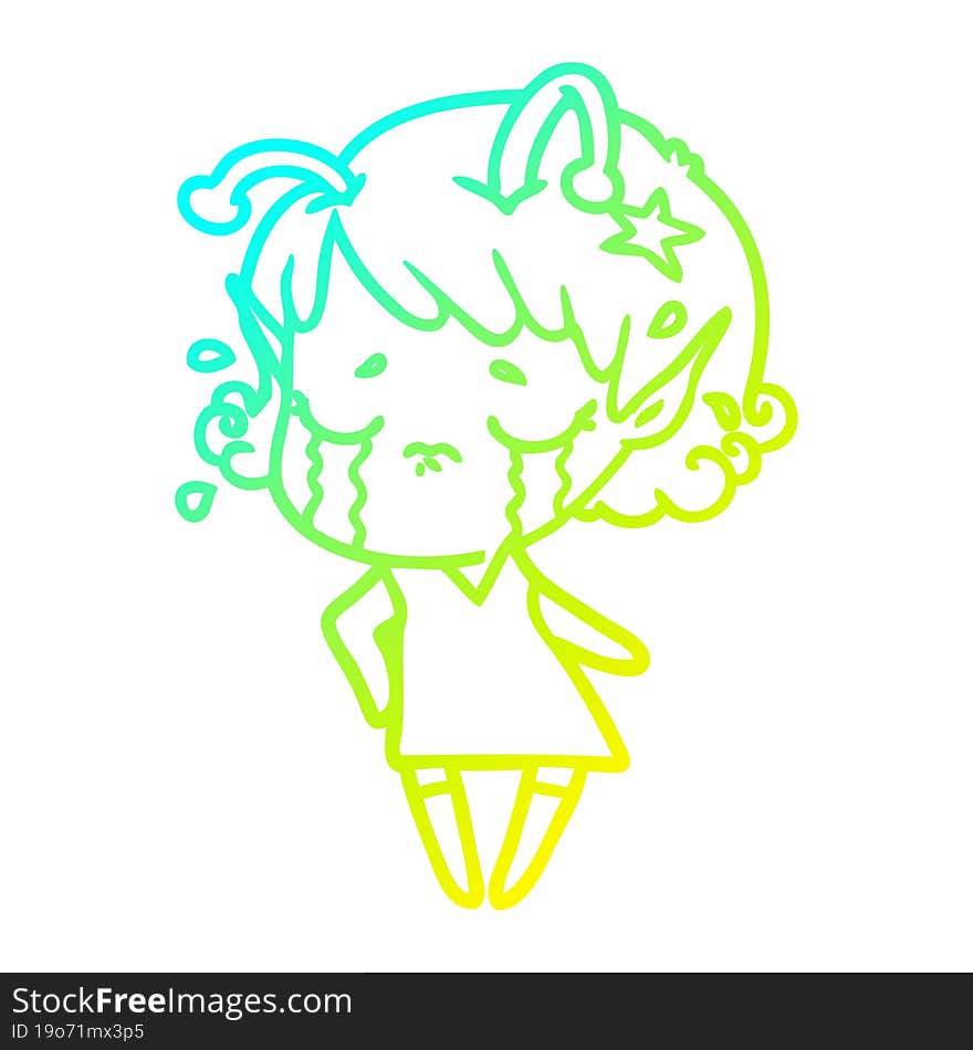 cold gradient line drawing cartoon crying alien girl