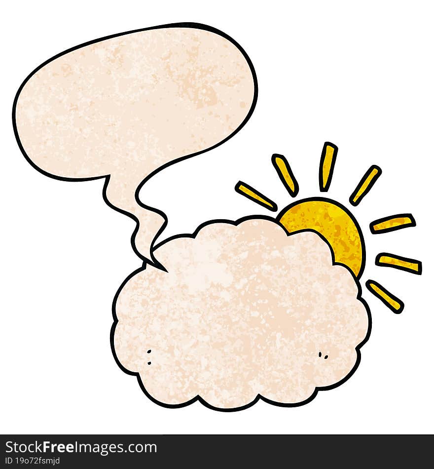 Cartoon Sun And Cloud Symbol And Speech Bubble In Retro Texture Style