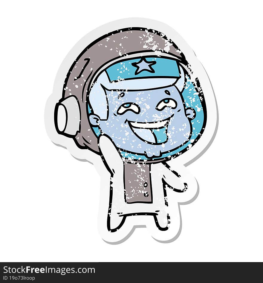 distressed sticker of a cartoon laughing astronaut