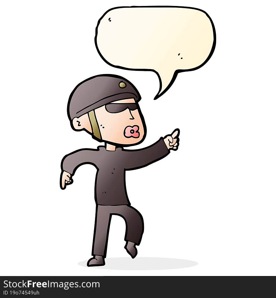 cartoon man in bike helmet pointing with speech bubble