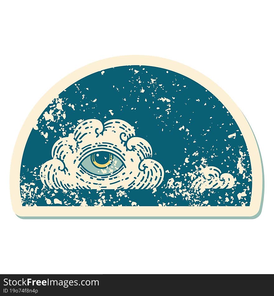 iconic distressed sticker tattoo style image of an all seeing eye cloud. iconic distressed sticker tattoo style image of an all seeing eye cloud