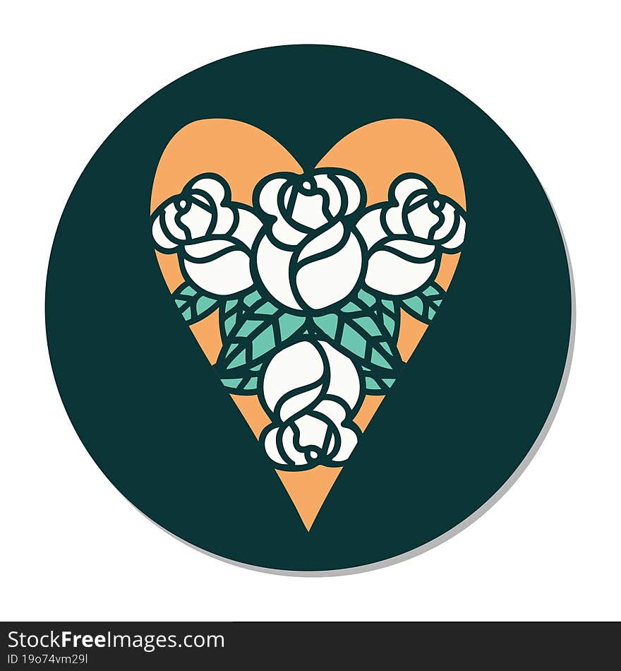 sticker of tattoo in traditional style of a heart and flowers. sticker of tattoo in traditional style of a heart and flowers