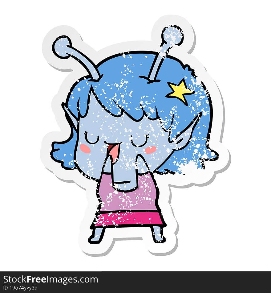 distressed sticker of a happy alien girl cartoon