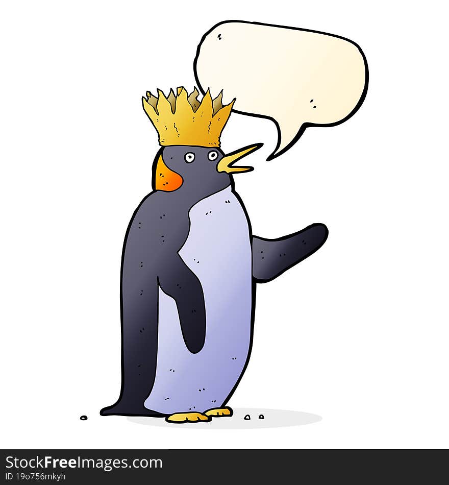 cartoon emperor penguin waving with speech bubble