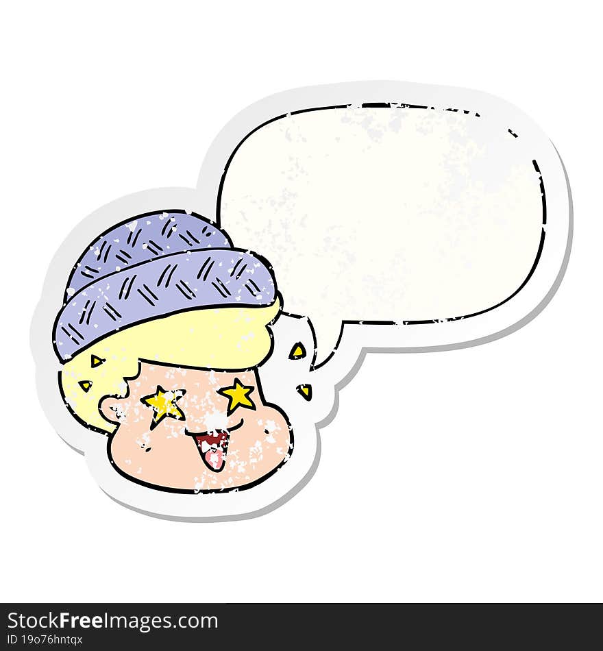 Cartoon Boy Wearing Hat And Speech Bubble Distressed Sticker