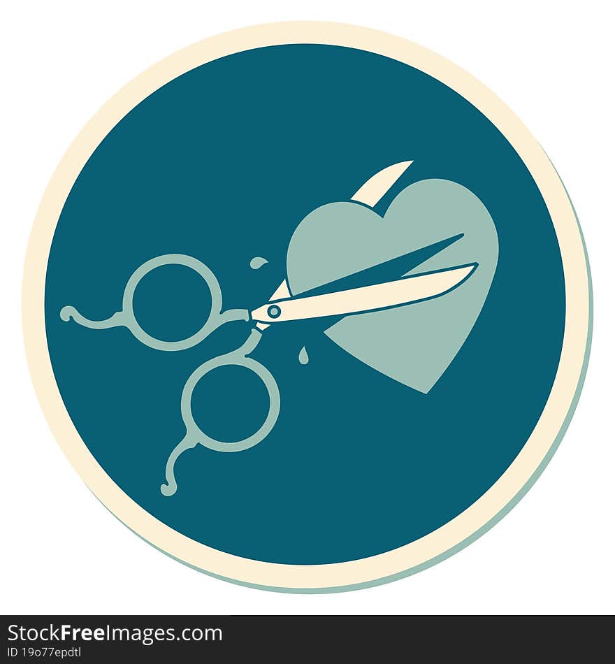 sticker of tattoo in traditional style of scissors cutting a heart. sticker of tattoo in traditional style of scissors cutting a heart