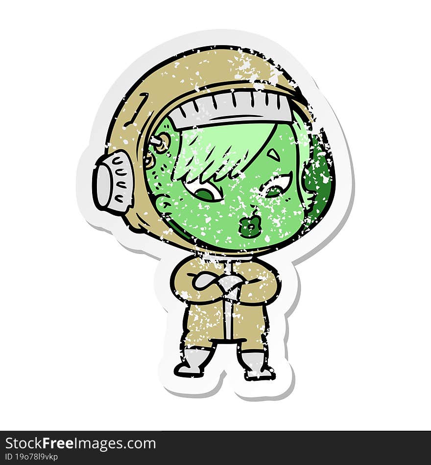 distressed sticker of a cartoon astronaut woman