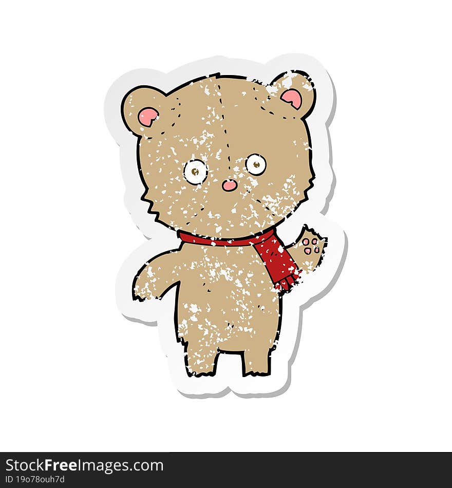 retro distressed sticker of a cartoon waving teddy bear