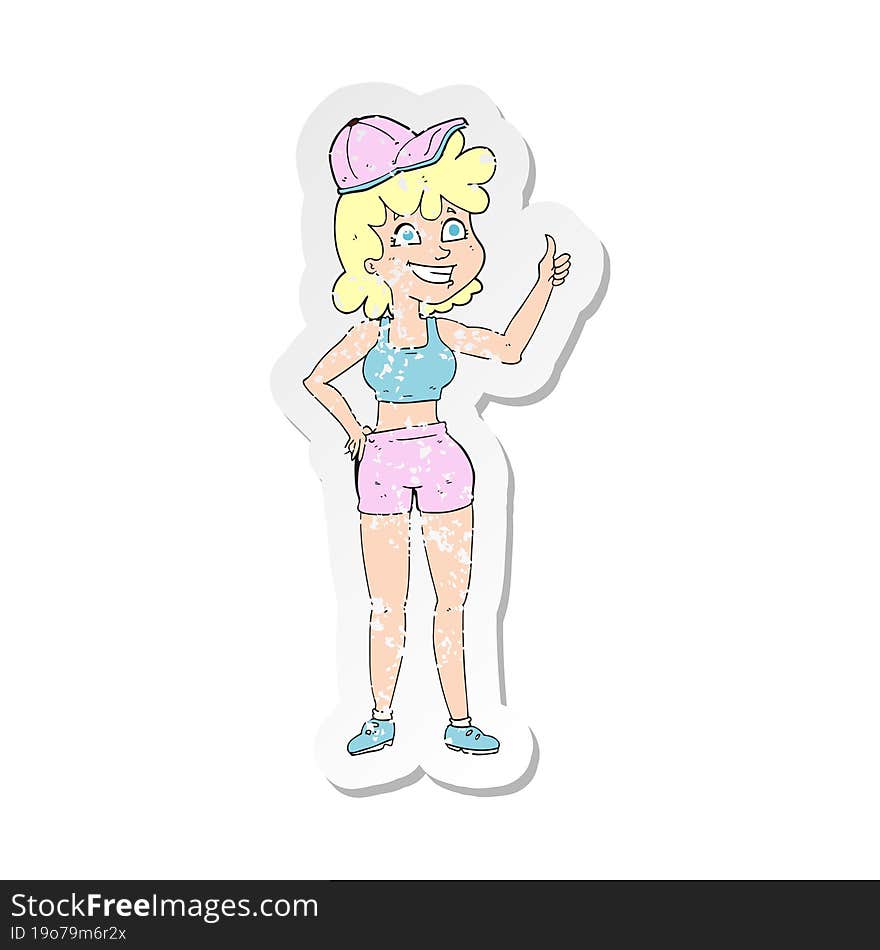 Retro Distressed Sticker Of A Happy Gym Woman Giving Thumbs Up Symbol