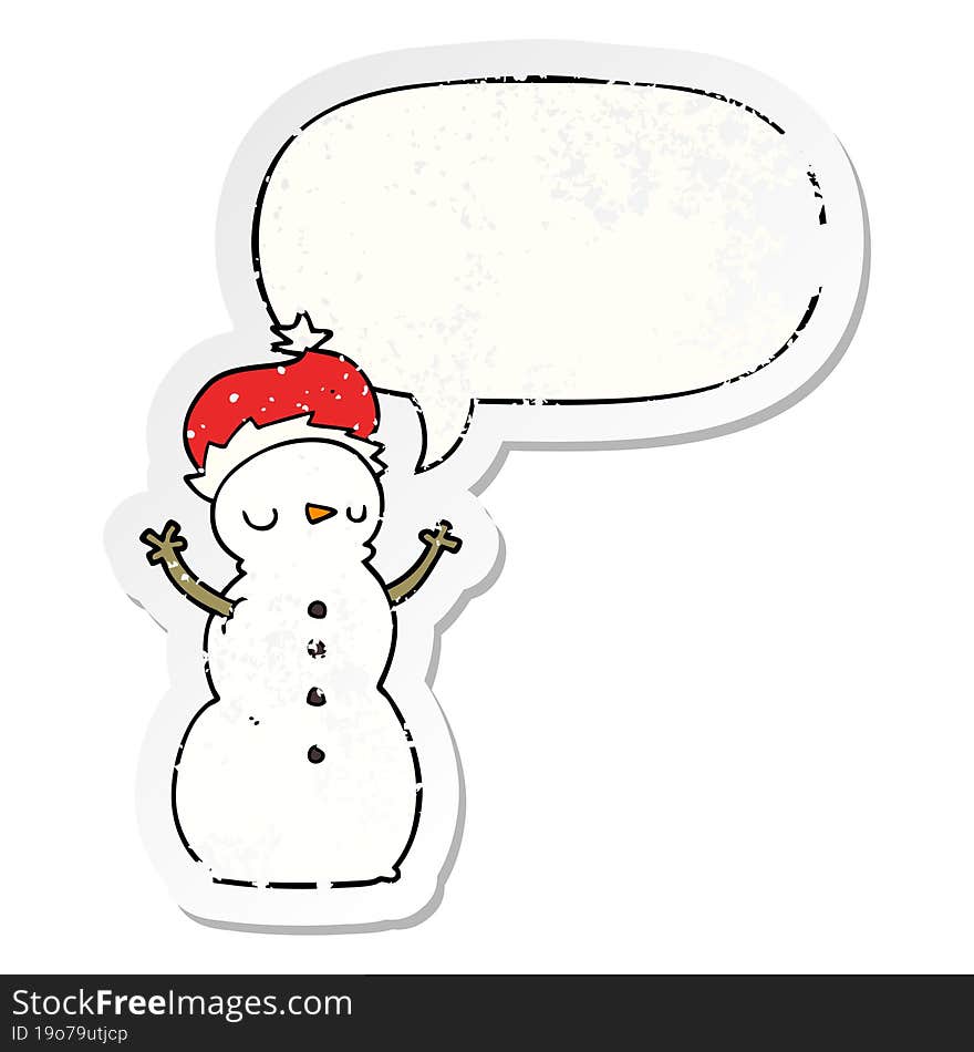 cartoon snowman with speech bubble distressed distressed old sticker. cartoon snowman with speech bubble distressed distressed old sticker