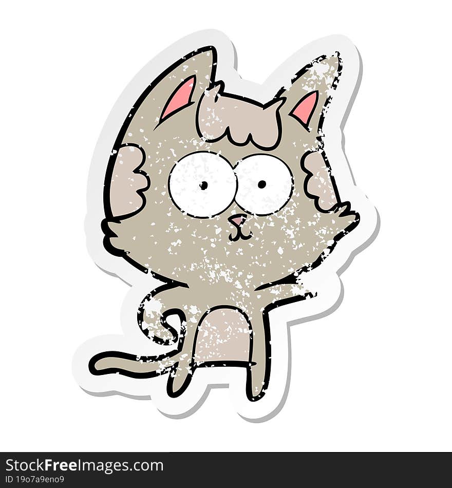 Distressed Sticker Of A Happy Cartoon Cat Pointing