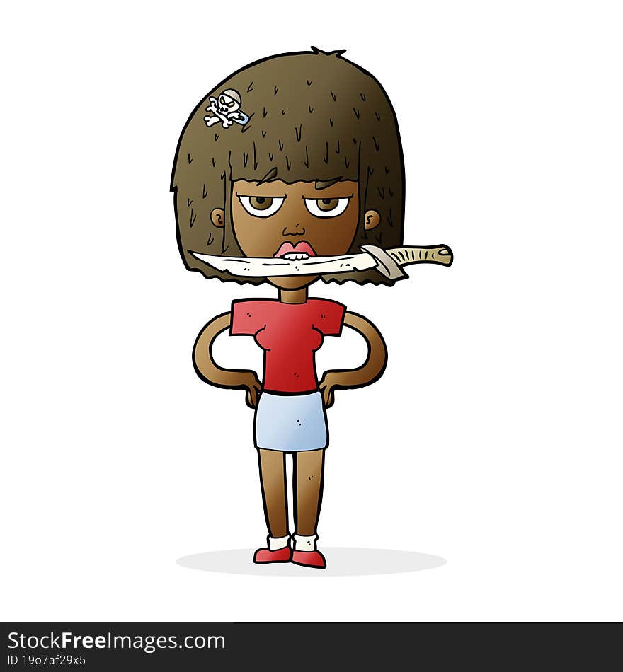 cartoon woman with knife between teeth