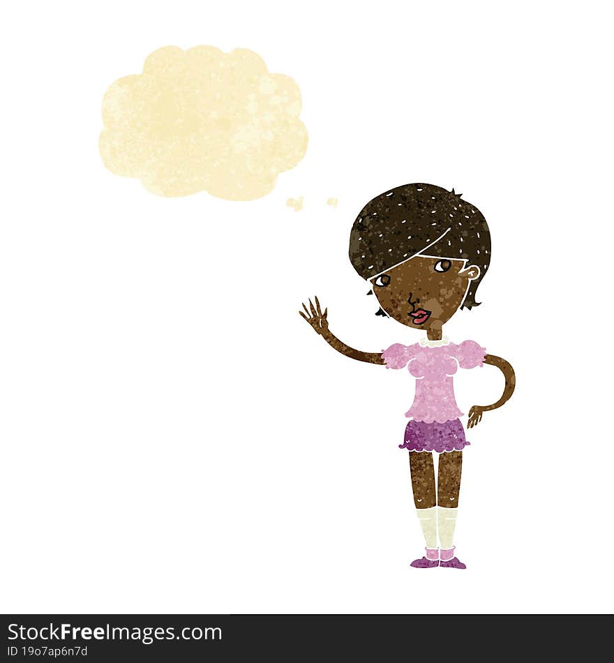 cartoon girl waving with thought bubble