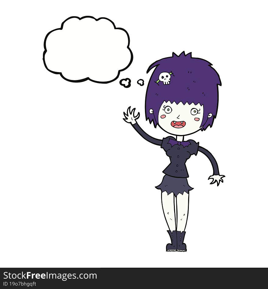 cartoon waving vampire girl with thought bubble