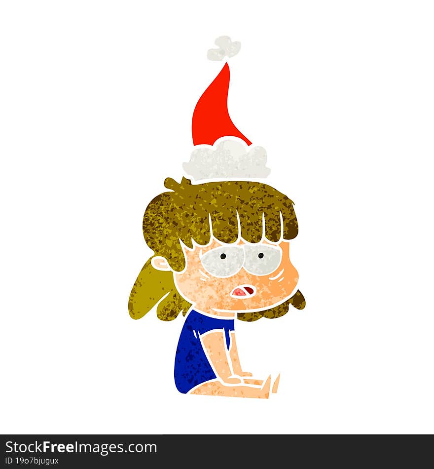 retro cartoon of a tired woman wearing santa hat