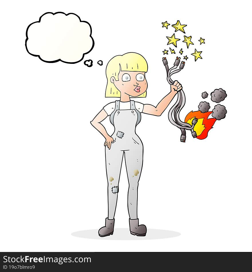 freehand drawn thought bubble cartoon female electrician