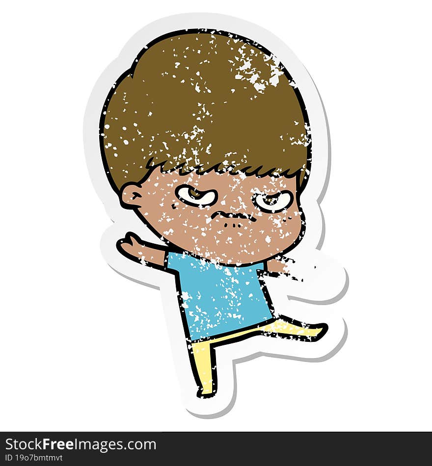 distressed sticker of a annoyed cartoon boy