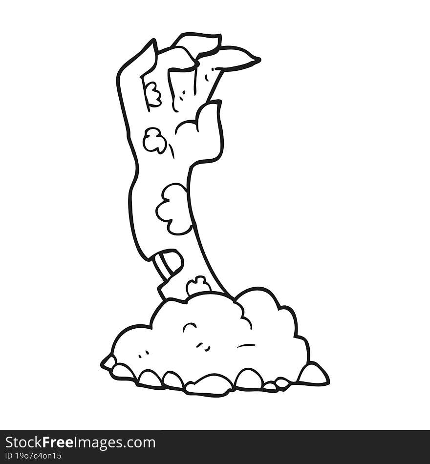 black and white cartoon zombie hand rising from ground