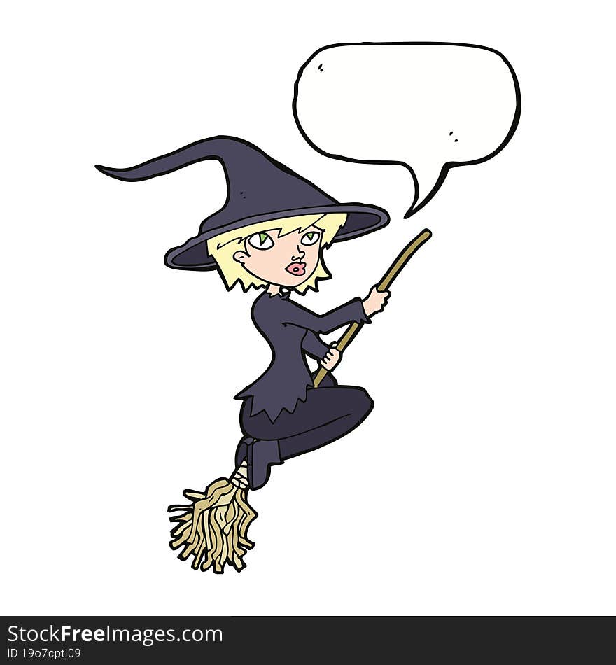 cartoon witch riding broomstick with speech bubble