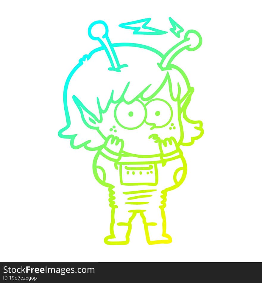 cold gradient line drawing of a cartoon alien girl