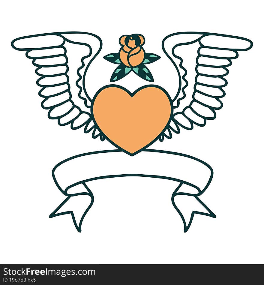 traditional tattoo with banner of a heart with wings