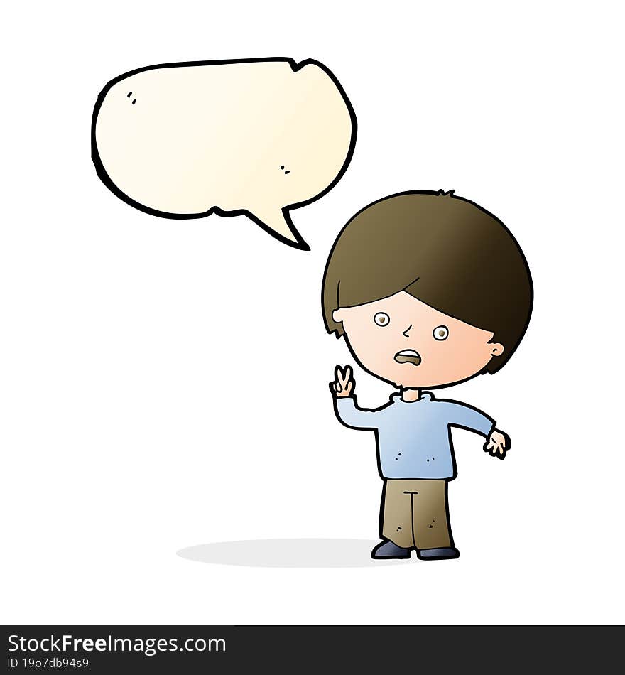 Cartoon Unhappy Boy Giving Peace Sign With Speech Bubble