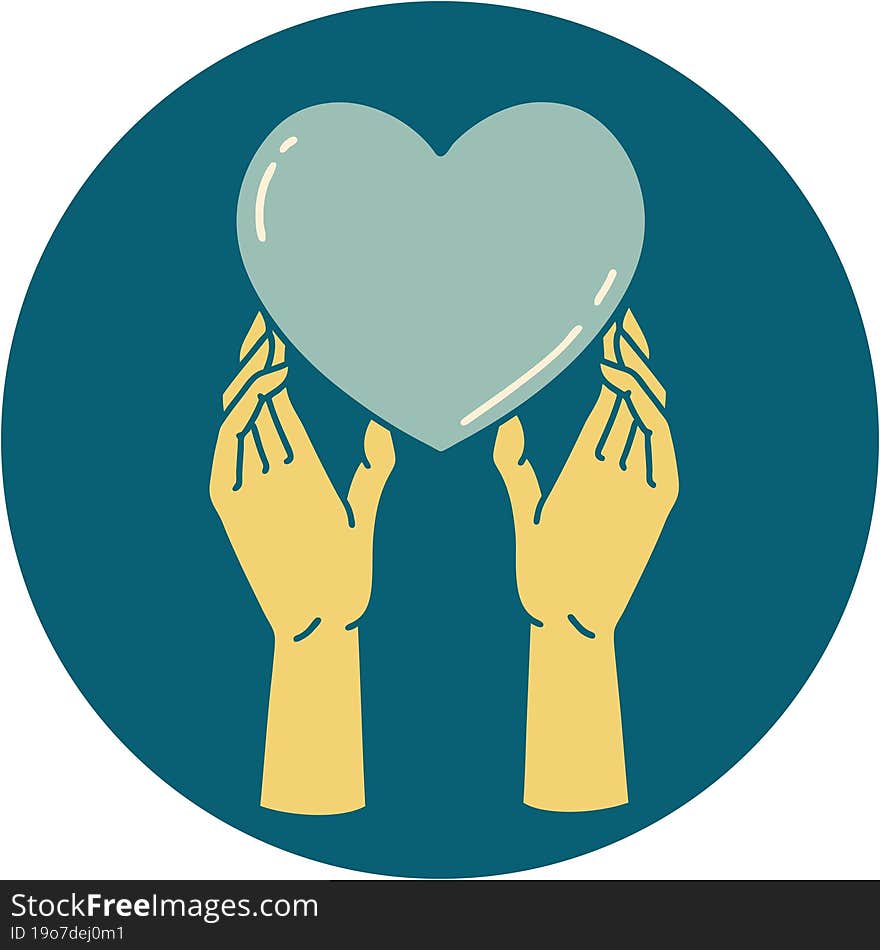 iconic tattoo style image of hands reaching for a heart. iconic tattoo style image of hands reaching for a heart