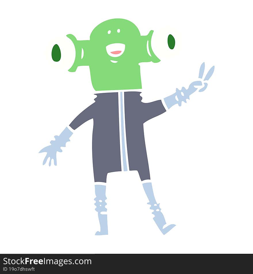 friendly flat color style cartoon alien giving peace sign