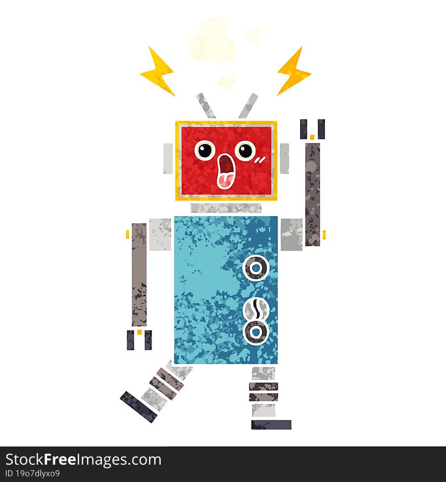 retro illustration style cartoon of a robot malfunction